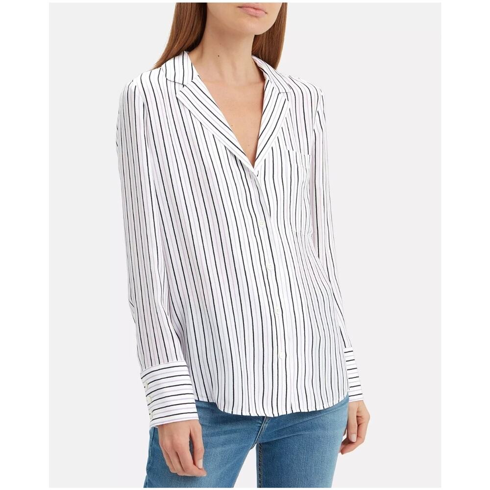 FRAME 100% Silk Striped Button Down Blouse | Black White XS
